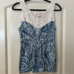 ANTHROPOLOGIE DELETTA Sleeveless Crochet Printed Tank Top Blouse Blue Women’s XS